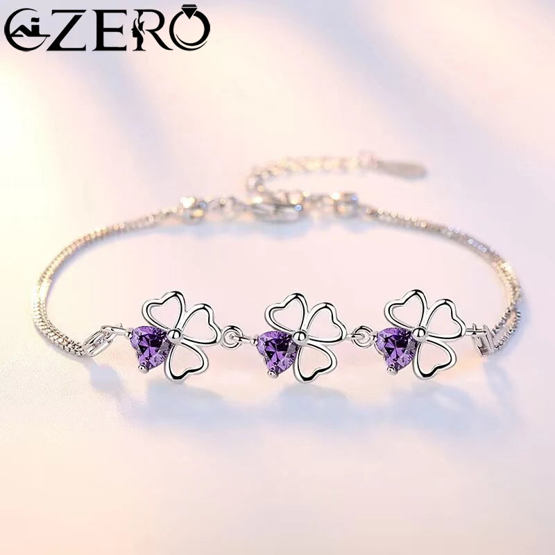 NEW Fine 925 Sterling Silver Purple Crystal Lucky Clover Bracelets for Women Fashion Party Wedding Accessories Jewelry 17CM+4CM