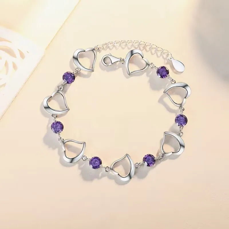 NEW Fine 925 Sterling Silver Purple Crystal Lucky Clover Bracelets for Women Fashion Party Wedding Accessories Jewelry 17CM+4CM