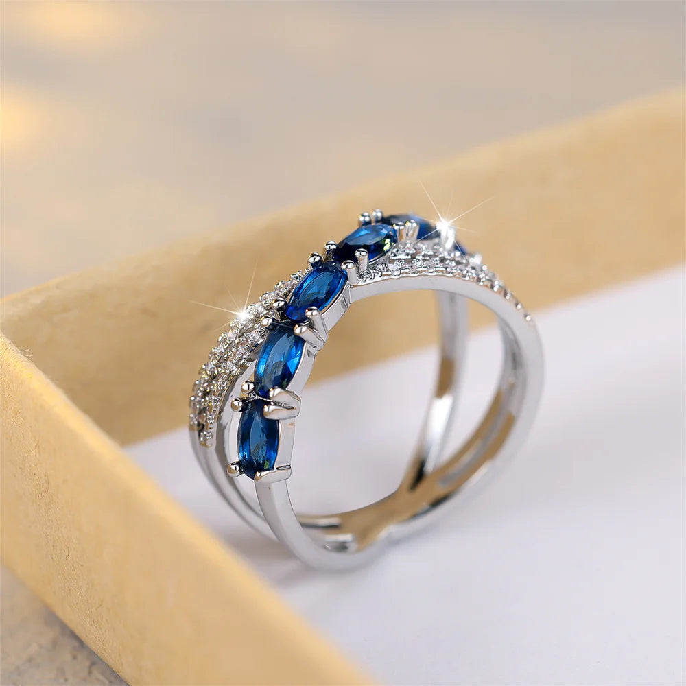 Blue Crystal Oval Stone Cross Rings For Women Trendy Silver Color Wedding Band Engagement Jewelry Simple Fashion Birthday Gifts