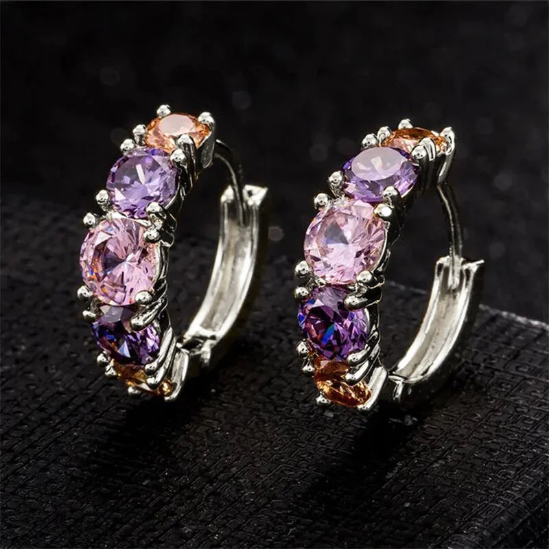 Huitan Unique Purple Cubic Zircon Hoop Earrings for Women Luxury Charming Wedding Party Accessories Silver Color Fashion Jewelry