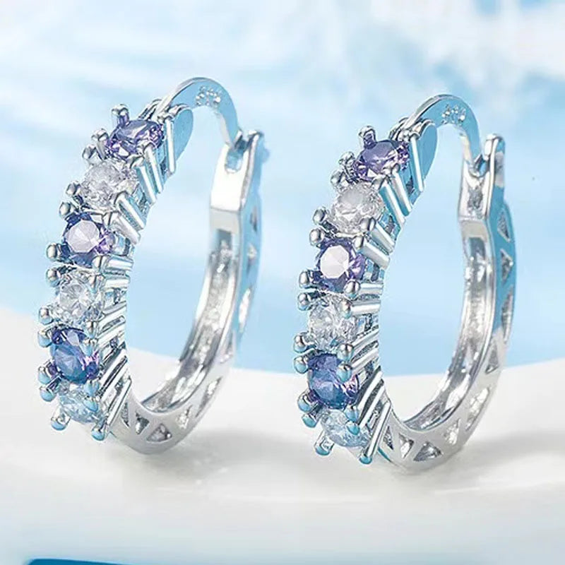 New Luxury Trendy Blue Cubic Zirconia Hoop Earrings Wedding Party Elegant Accessories for Women Anniversary Gift  Jewelry