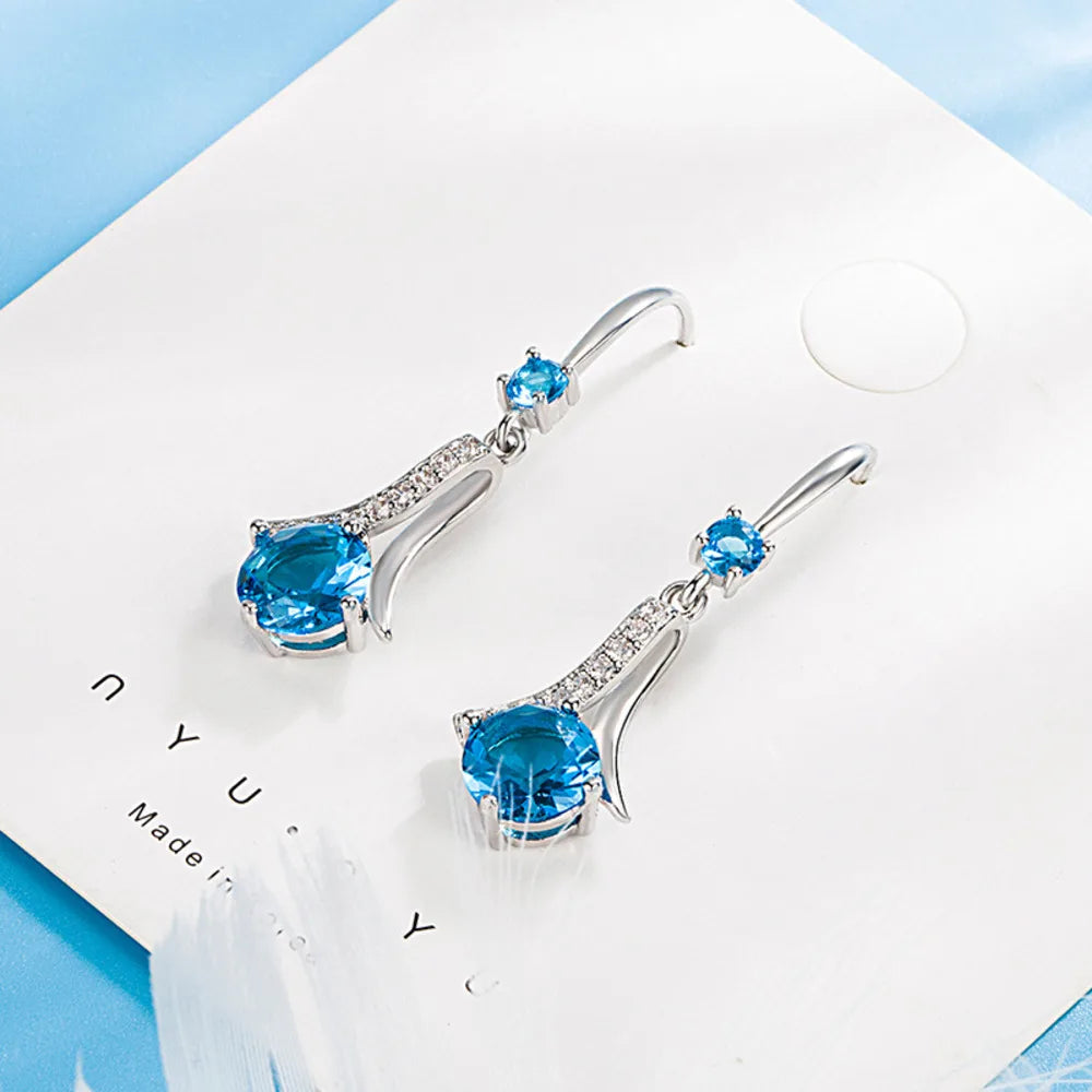 WOSIKATE Korean Blue Crystal Drop Earrings For Women 925 Sterling Silver Fashion Jewellery Elegant Long Ear Hooks Accessories