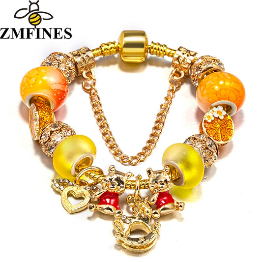 Gold Color Bear Tangerine Beads Charm Bracelets Fits diy Fashion Brand Bracelet Bangles For Women Bijoux Pulseras Jewelry Gift