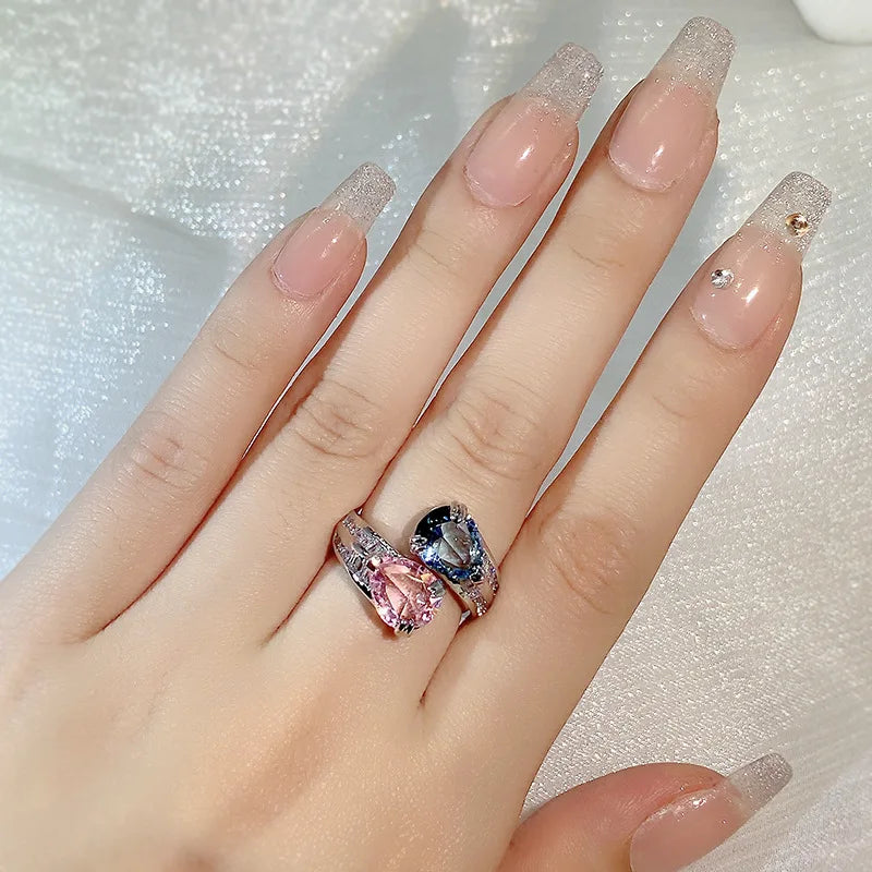 Delicate Silver Color Pink Zircon Stones Water Drop Rings for Women Fashion Bridal Engagement Wedding Open Ring Jewelry Gift