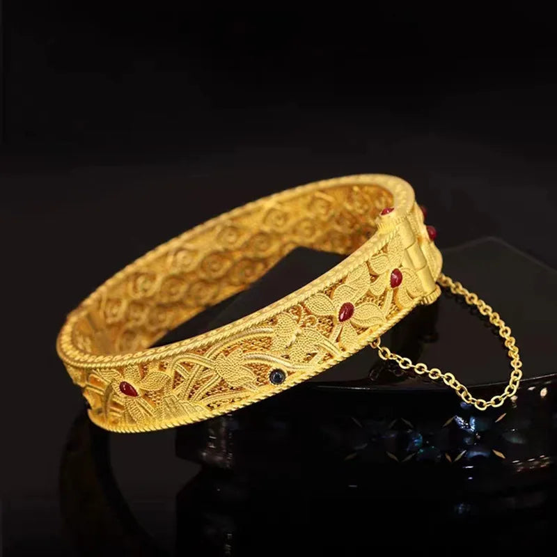 China-Chic Enamel Inlaid Red Blue Zircon Bracelet Female Gold color Retro Palace Style Buckle Bracelet Hollow Filigree Handwear