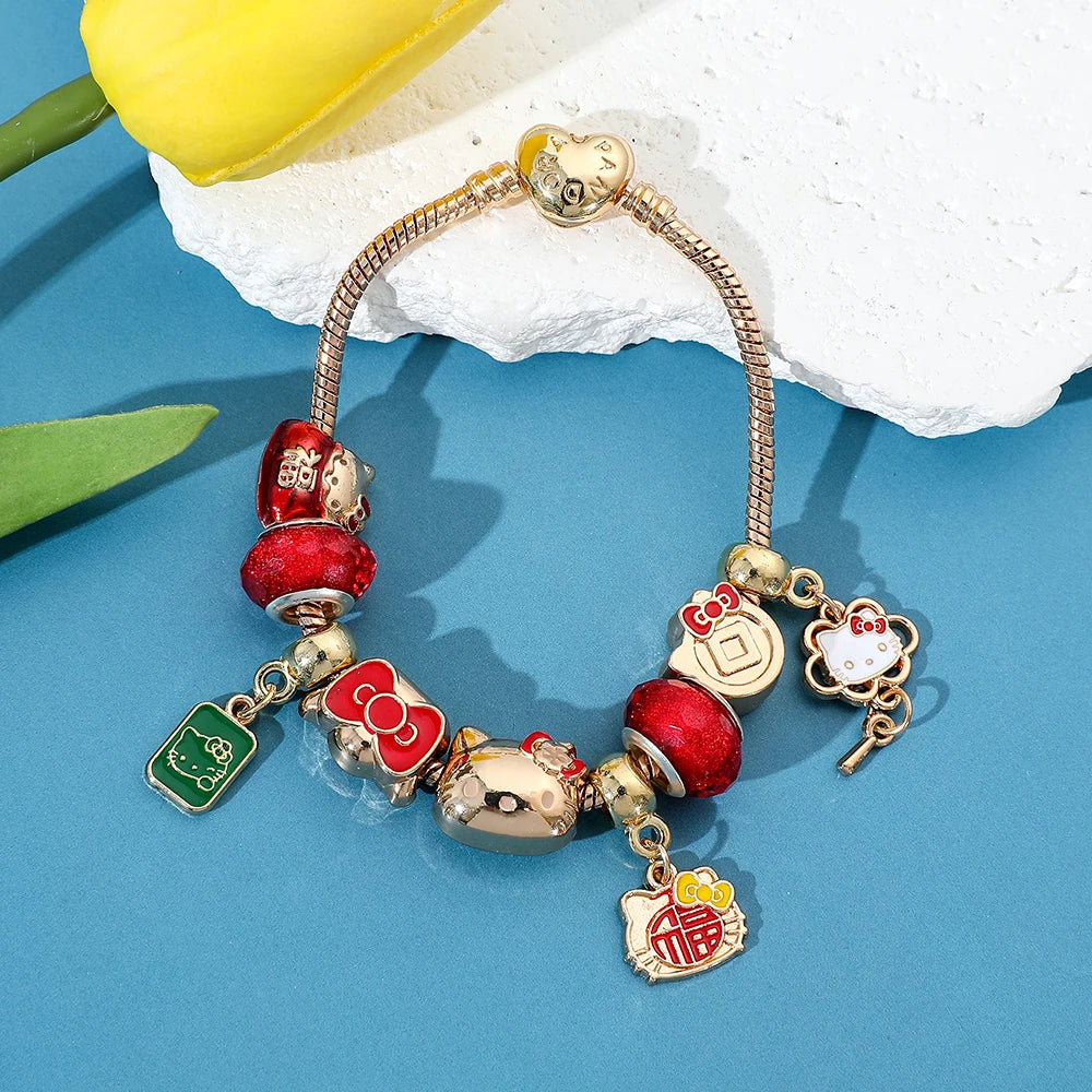 Sanrio Hello Kitty Cute Bow Etc Pendant Bracelet Anime Cartoon Characters KT Cat Kawaii Pendant Bracelet for Women Girl Gifts