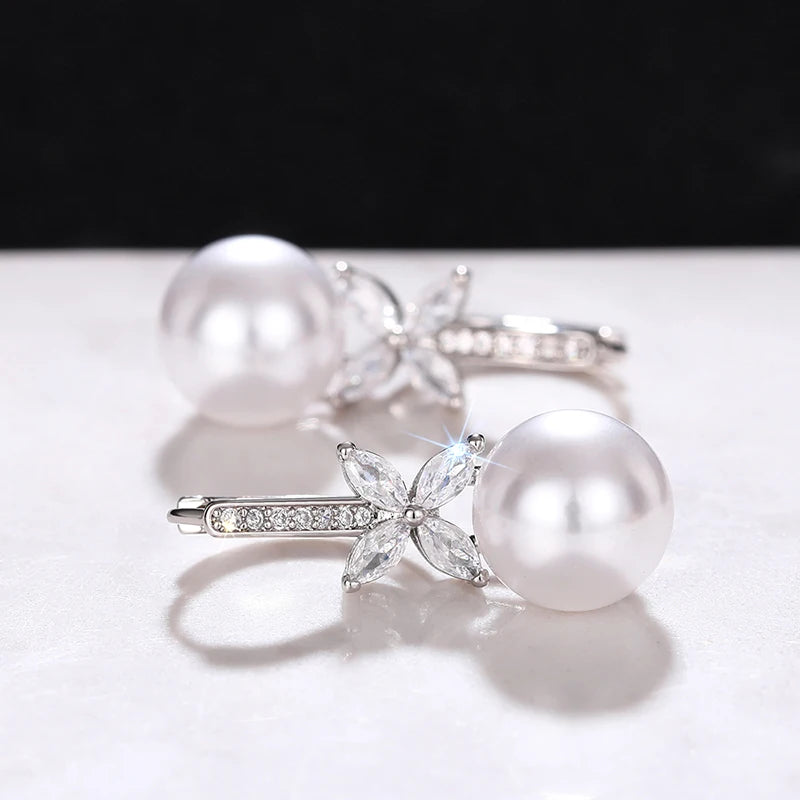 Huitan Gorgeous Drop Earrings for Wedding Women Simulated Pearl Pendant Accessories with Bright Zirconia Luxury Graceful Jewelry