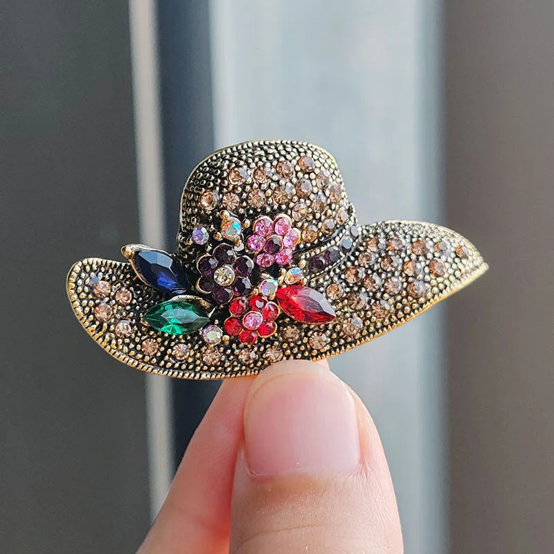 Exquisite Crystal Sun Hat Brooch for Men and Women Fashion Shirt Badge Collar Lapel Pin Jewelry