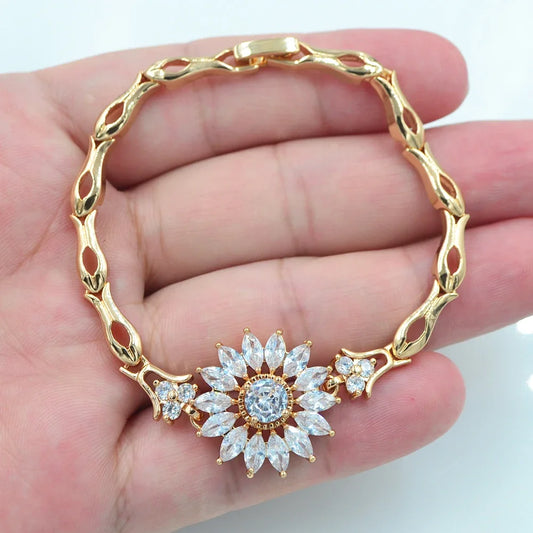 Fashion Jewelry Gold Color Clear White CZ Sunflower Charm Bracelet for Women