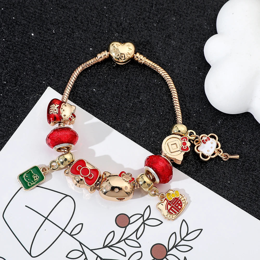 Sanrio Hello Kitty Cute Bow Etc Pendant Bracelet Anime Cartoon Characters KT Cat Kawaii Pendant Bracelet for Women Girl Gifts