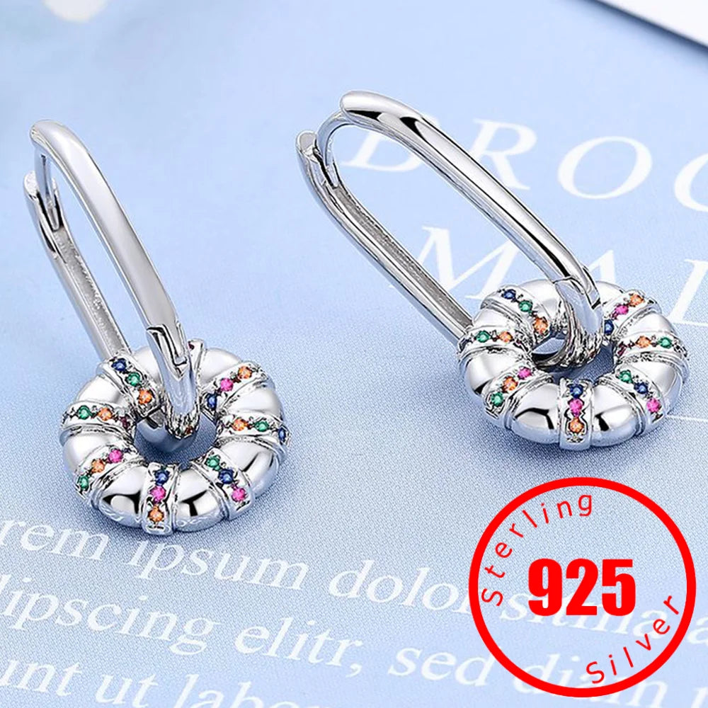 Fashionable 925 Sterling Silver Earrings Colorful Zirconia Round Wheel Earrings Simple Smooth Earrings for Women