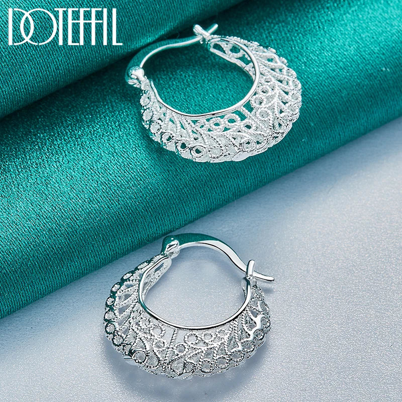 DOTEFFIL 925 Sterling Silver Hollow Flower U Circle Earrings For Women Lady Best Gift Fashion Charm Silver Wedding Jewelry