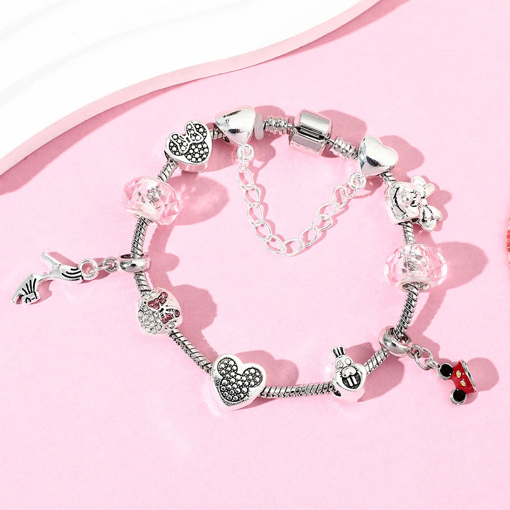 Disney Cute Pink Crystal Mickey Minnie Charm Bracelet Silver Color Heart Bead Bracelets for Women Girl Fashion Jewelry Gift