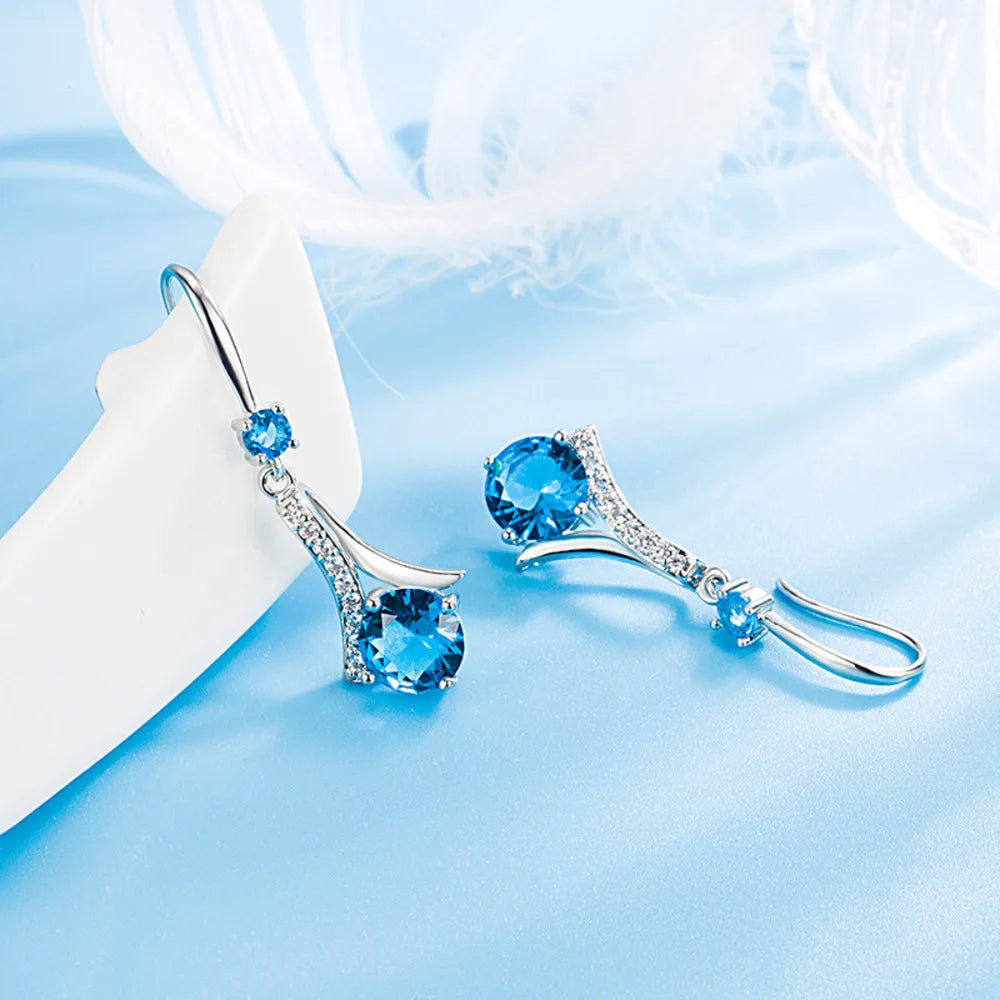 WOSIKATE Korean Blue Crystal Drop Earrings For Women 925 Sterling Silver Fashion Jewellery Elegant Long Ear Hooks Accessories