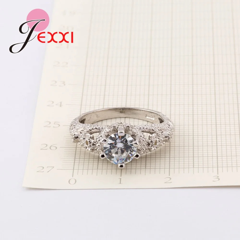 Genuine 925 Sterling Silver Vintage Hollowing Design Prong Setting White Crystal Finger Ring For Women Wedding Jewelry