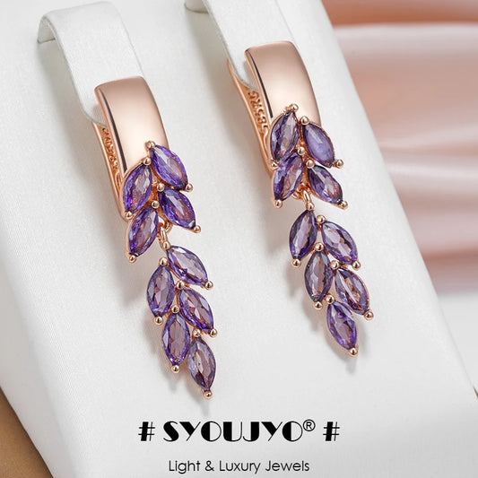 SYOUJYO Purple Natural Zircon Leaf-Shaped Dangle Earrings For Women 585 Rose Gold Color Fashion Jewelry