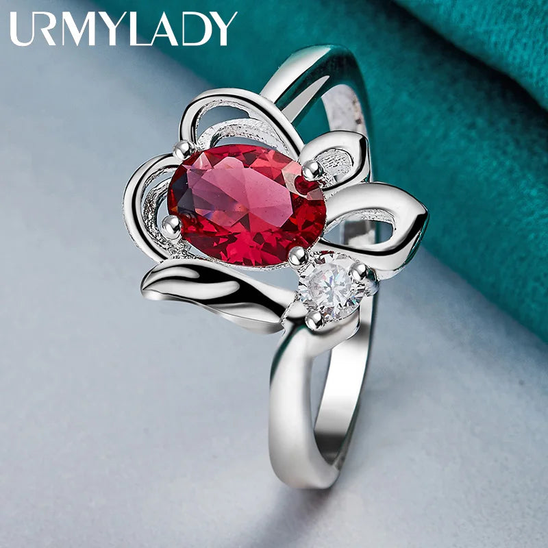 URMYLADY 925 Sterling Silver Flower Ruby 7-10# Ring For Women Wedding Engagement Fashion Charm Jewelry