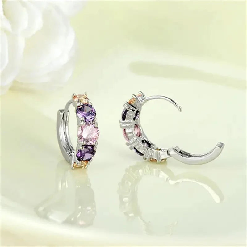 Huitan Fashion Luxury Colorful Pink/Purple CZ Hoop Earrings for Women Newly Designed Bridal Wedding Earrings Gift Party Jewelry