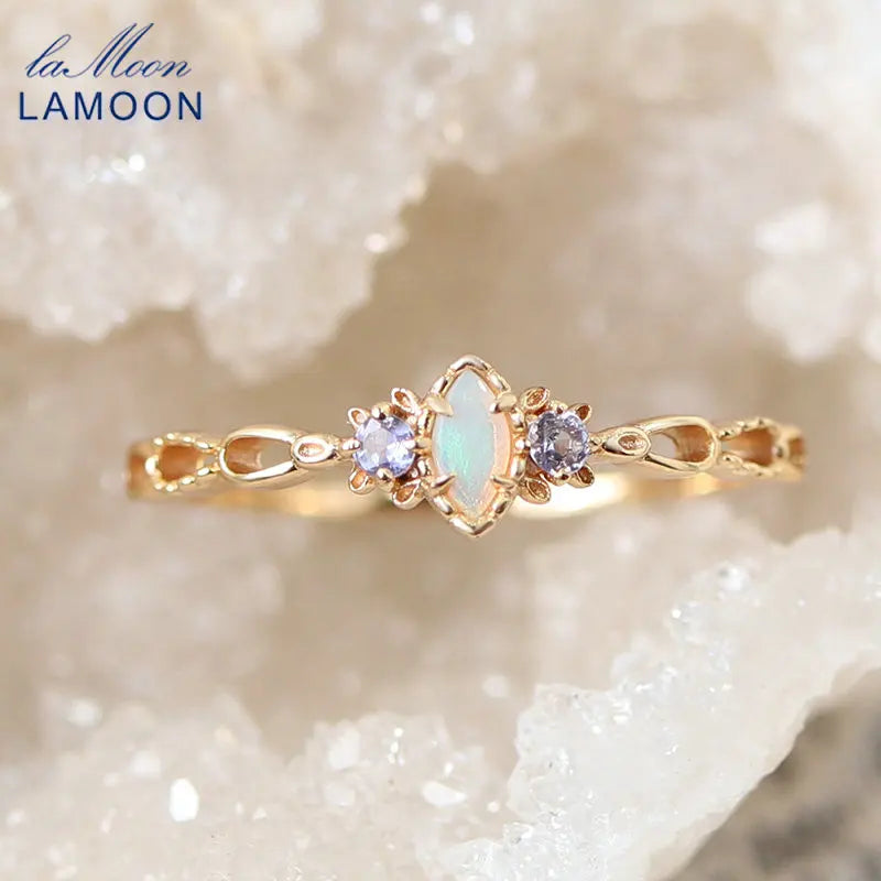 LAMOON Natural Opal Ring For Women Gemstone 925 Sterling Silver Gold Plated Fine Jewelry Thin Tail Ring Simple Daily Accessories