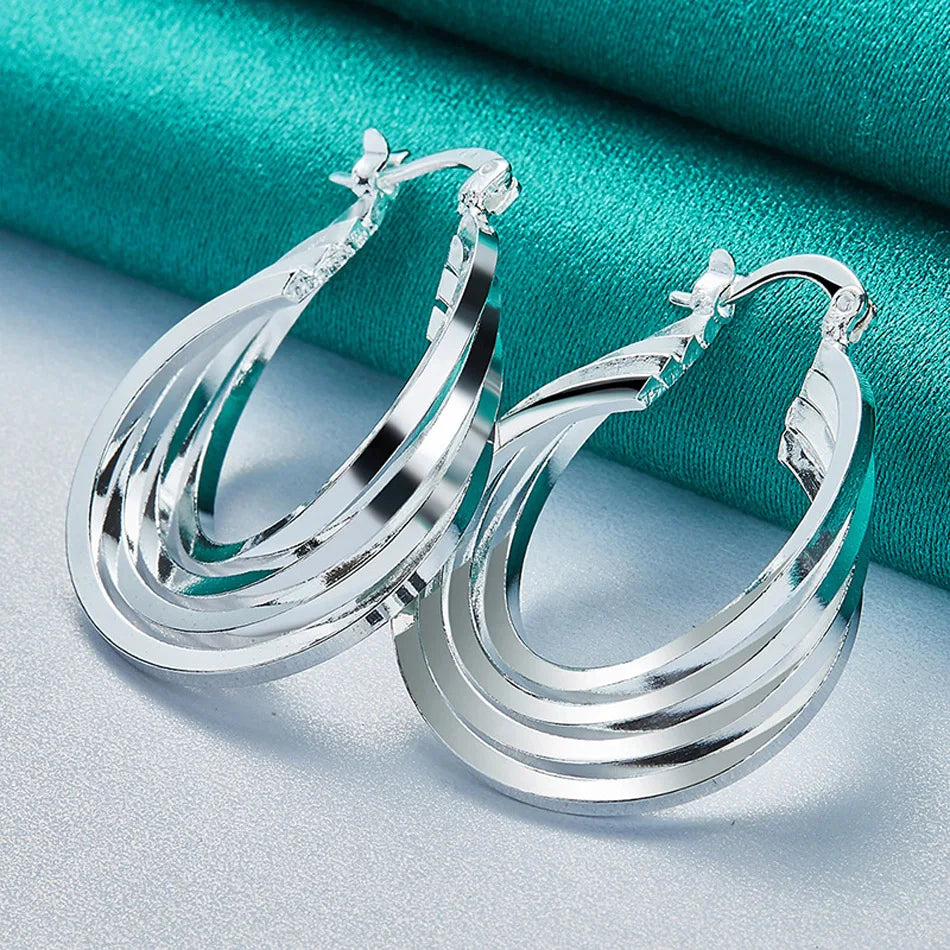 URMYLADY 925 Sterling Silver 25mm Multiple Rings Earrings Ear Loops for Women Charm Wedding Engagement Fashion Party Jewelry