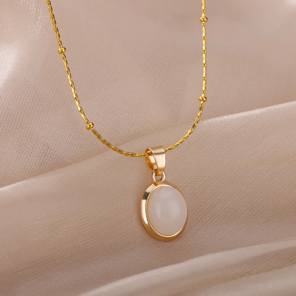 Kpop Stainless Steel Necklace for Women Transparent Moonlight Stone Ellipse Pendant Thin Chain Vintage Jewelry Gift New In