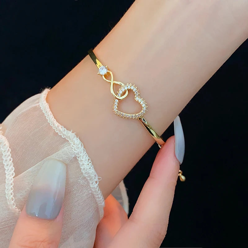 Peach Heart Love Bracelet Bangle Women's Fashion Temperament Zircon Bracelet Light Luxury Link Chain Bracelets Wristband Jewelry