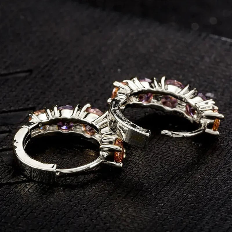 Huitan Unique Purple Cubic Zircon Hoop Earrings for Women Luxury Charming Wedding Party Accessories Silver Color Fashion Jewelry