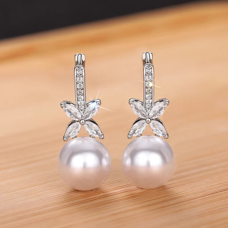 Huitan Gorgeous Drop Earrings for Wedding Women Simulated Pearl Pendant Accessories with Bright Zirconia Luxury Graceful Jewelry