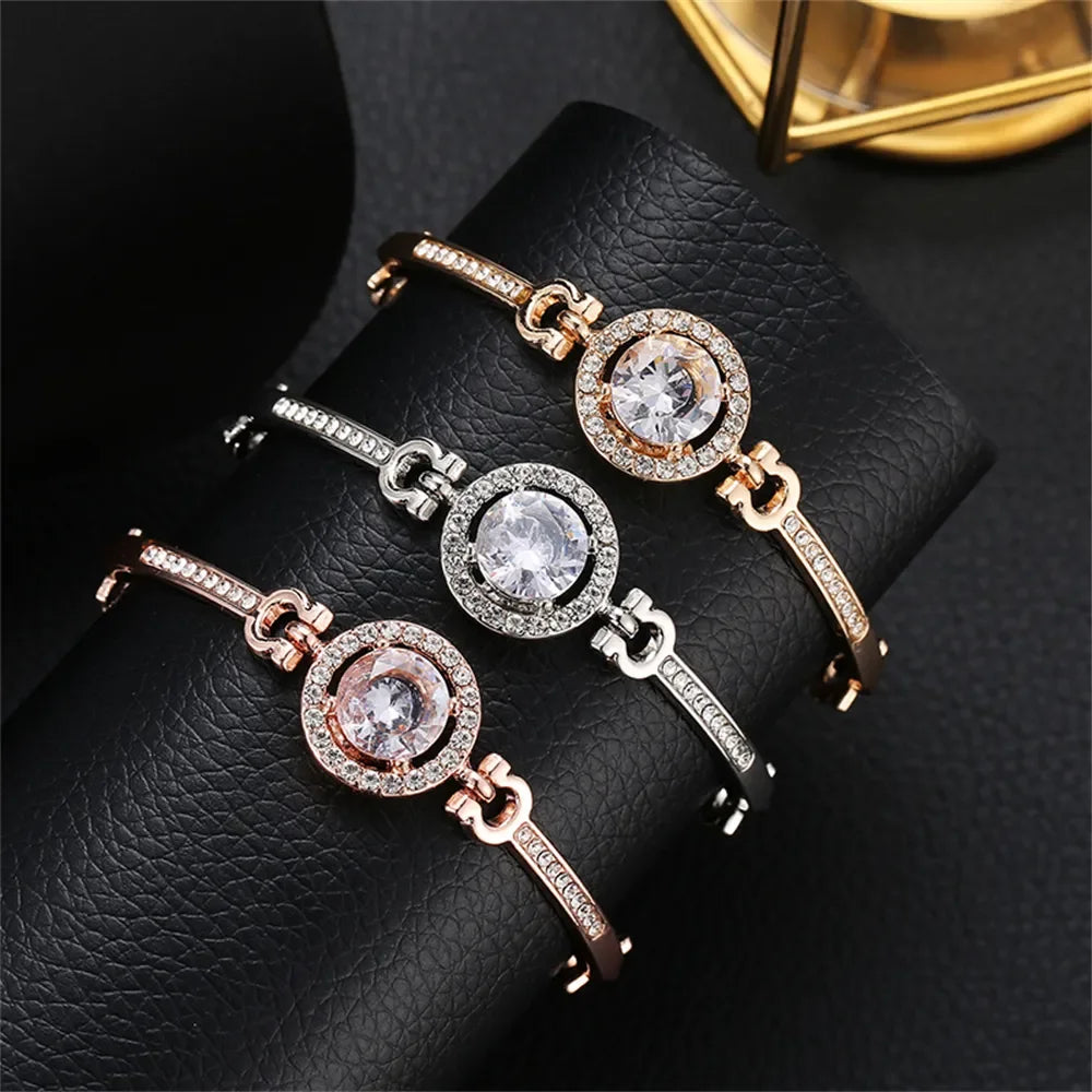 Luxury Clear Crystals Zircon Bracelet Summer Women Adjustable Round Gemstone Bangle Bracelet Party Jewelry Valentine's Day Gift