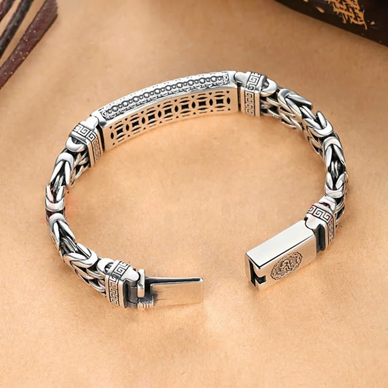 Style Retro 925 Silver Bracelet Woven Snap Double Rows Row Square Chain Six-Character Mantra Bracelet Men Party Jewelry Gift