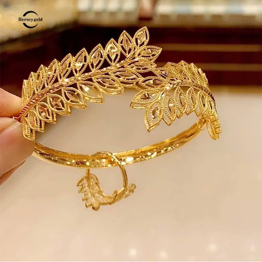 Copper Plating Gold Bracelet Ring Saudi Trendy  Bangle Bracelet for Bridal Leaves Design Cuff Bracelet  Arabic Luxury Jewelry