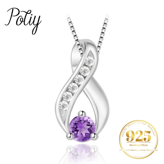 Potiy Natural Round Shape Amethyst Infinity Pendant Necklace No Chain 925 Sterling Silver for Women Daily Wedding Party Jewelry