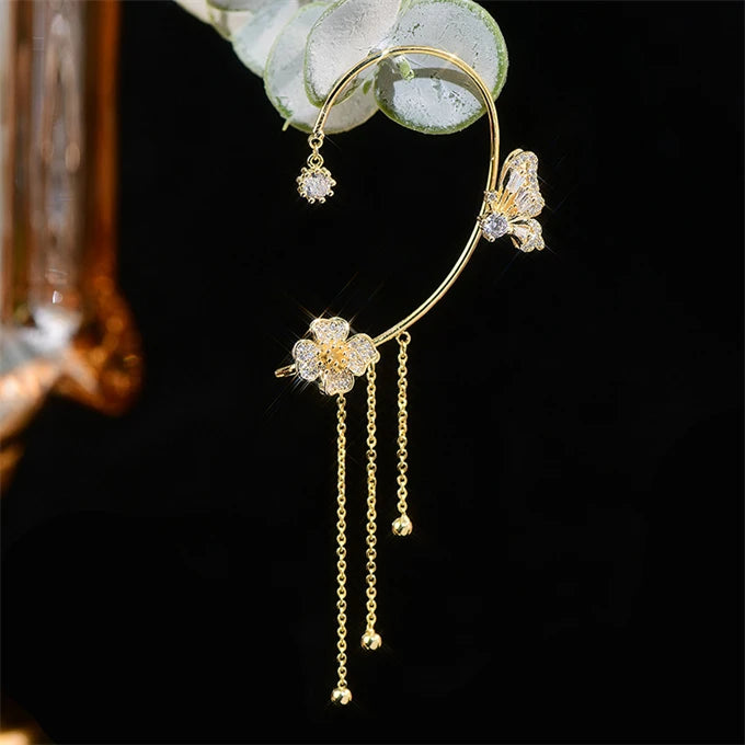 Glamour Butterfly Crystal Clip Earrings Korean French Flower Fringed Super Fairy Sweet Ear Clip Earrings Fashion Design Women's