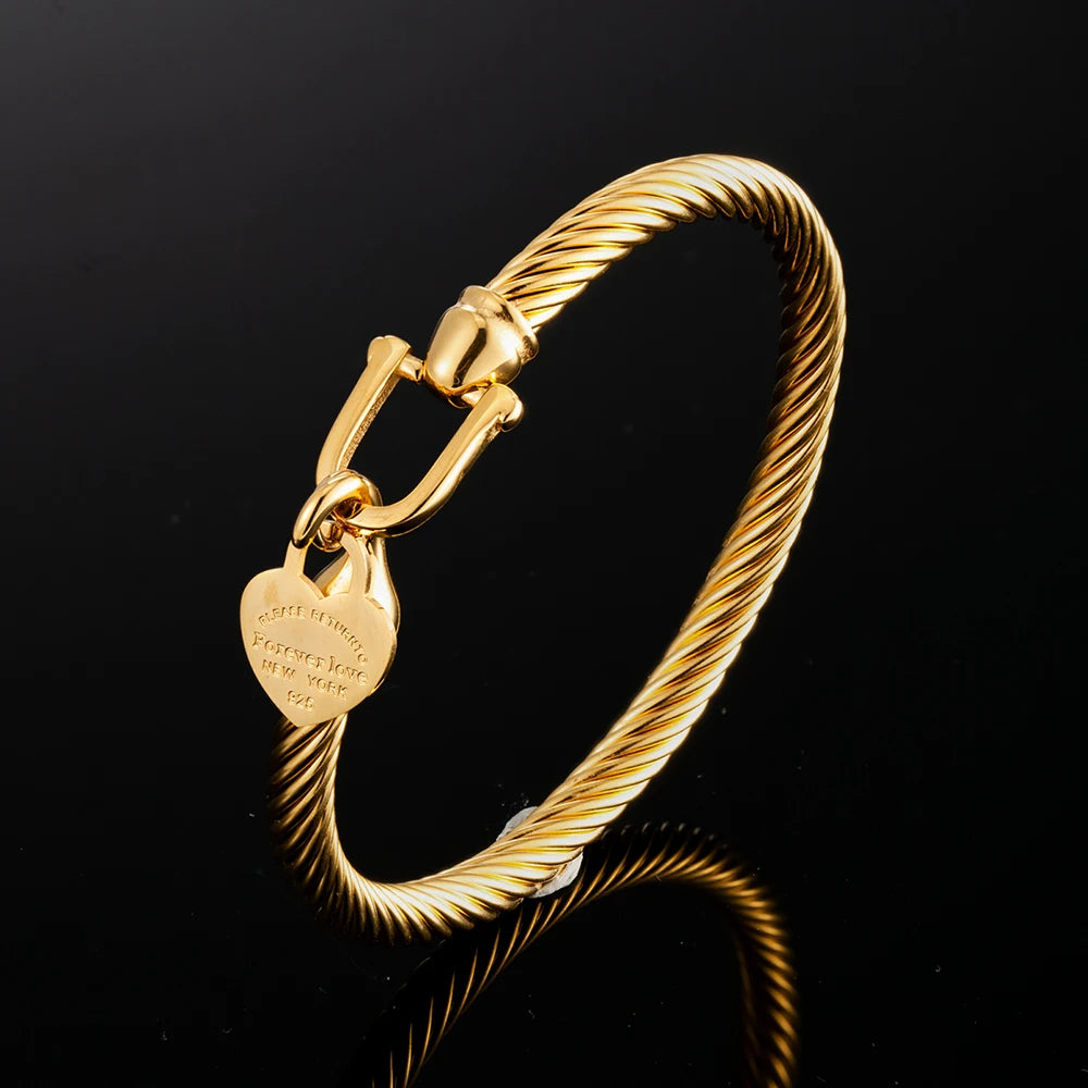 Trendy Stainless Steel Heart Charm Bracelet Cable Wire Cuff Bangle for Women Girls Party Jewelry Gift