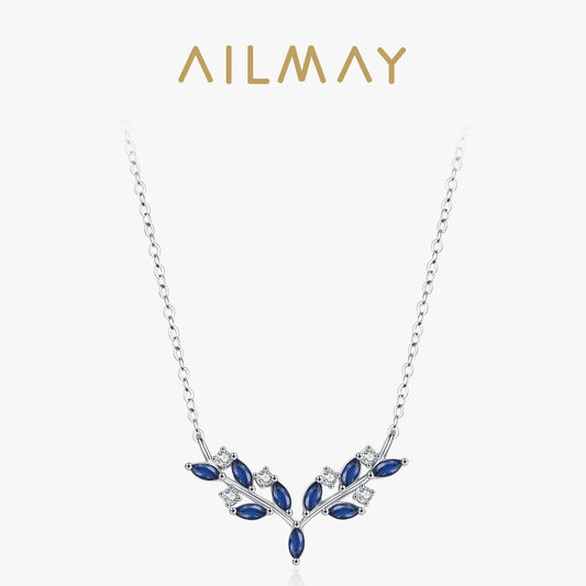 Ailmay  Genuine 925 Sterling Silver Blue Leaf Pendant Necklace For Women Girl Charm Wedding Party Jewelry