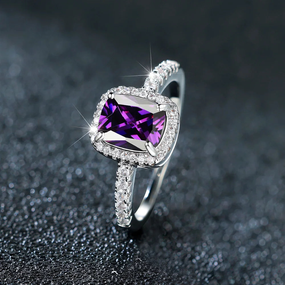 Luxury Female Purple Zircon Stone Engagement Ring Charm Silver Color Wedding Jewelry For Women