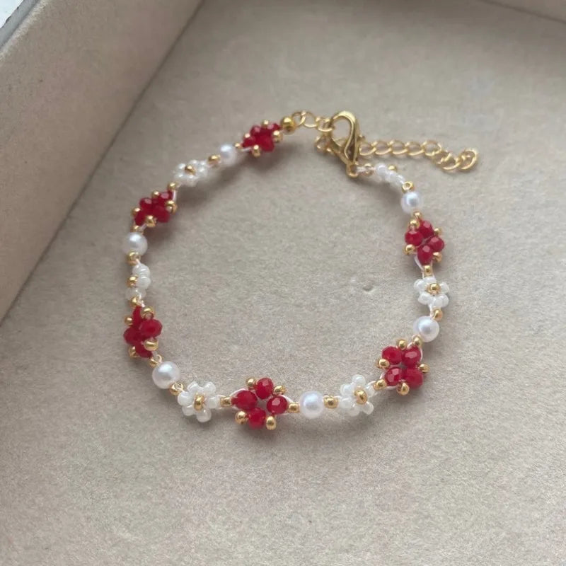 Red beaded flower bracelet, a gift for her,