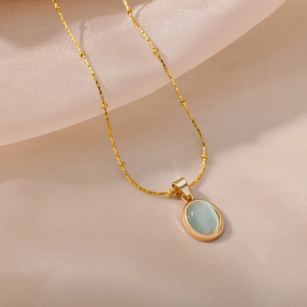 Kpop Stainless Steel Necklace for Women Transparent Moonlight Stone Ellipse Pendant Thin Chain Vintage Jewelry Gift New In