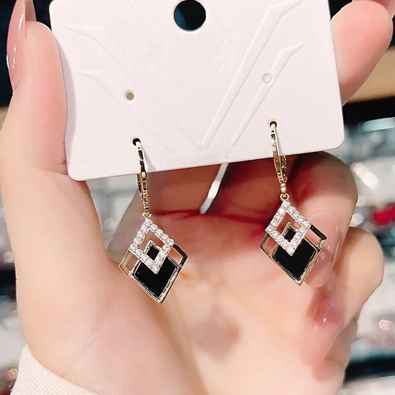 Luxury Trend Black Color Double Layer Earrings For Women Korean Crystal Zircon Geometric Earring Bride Wedding Statement Jewelry