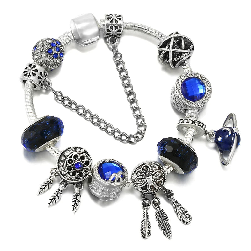 Online Hot Selling Charm Bracelets For Women With Blue Crystal Beads Star Hot-Air-Balloon Pendant DIY Bracelets Fashion Jewelry