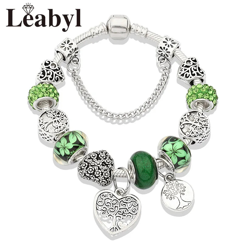 Dropshipping Silver Color Tree of Life Fashion Bead Bracelets Green Leaf Floral Crystal Charm Bracelet & Bangle Pulsera Jewelry