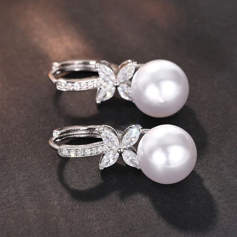 Huitan Gorgeous Drop Earrings for Wedding Women Simulated Pearl Pendant Accessories with Bright Zirconia Luxury Graceful Jewelry