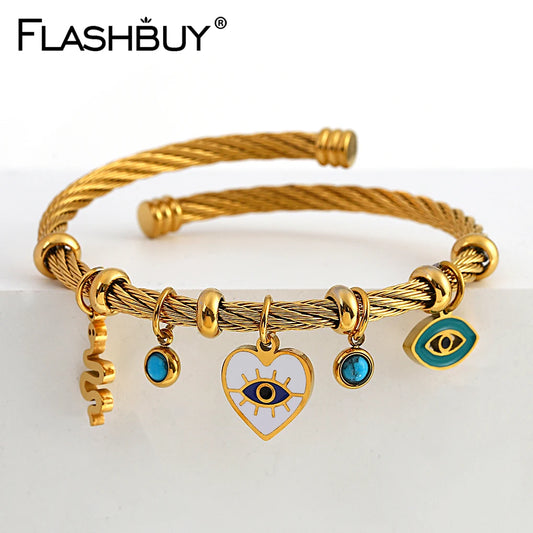 Flashbuy Enamel Snake Heart Evil Eye Stainless Steel Charm Bangles Bracelets for Women Gold Plated Waterproof Fasion Jewelry