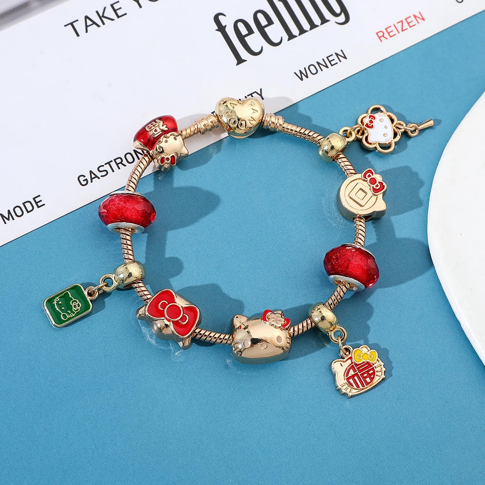 Sanrio Hello Kitty Cute Bow Etc Pendant Bracelet Anime Cartoon Characters KT Cat Kawaii Pendant Bracelet for Women Girl Gifts