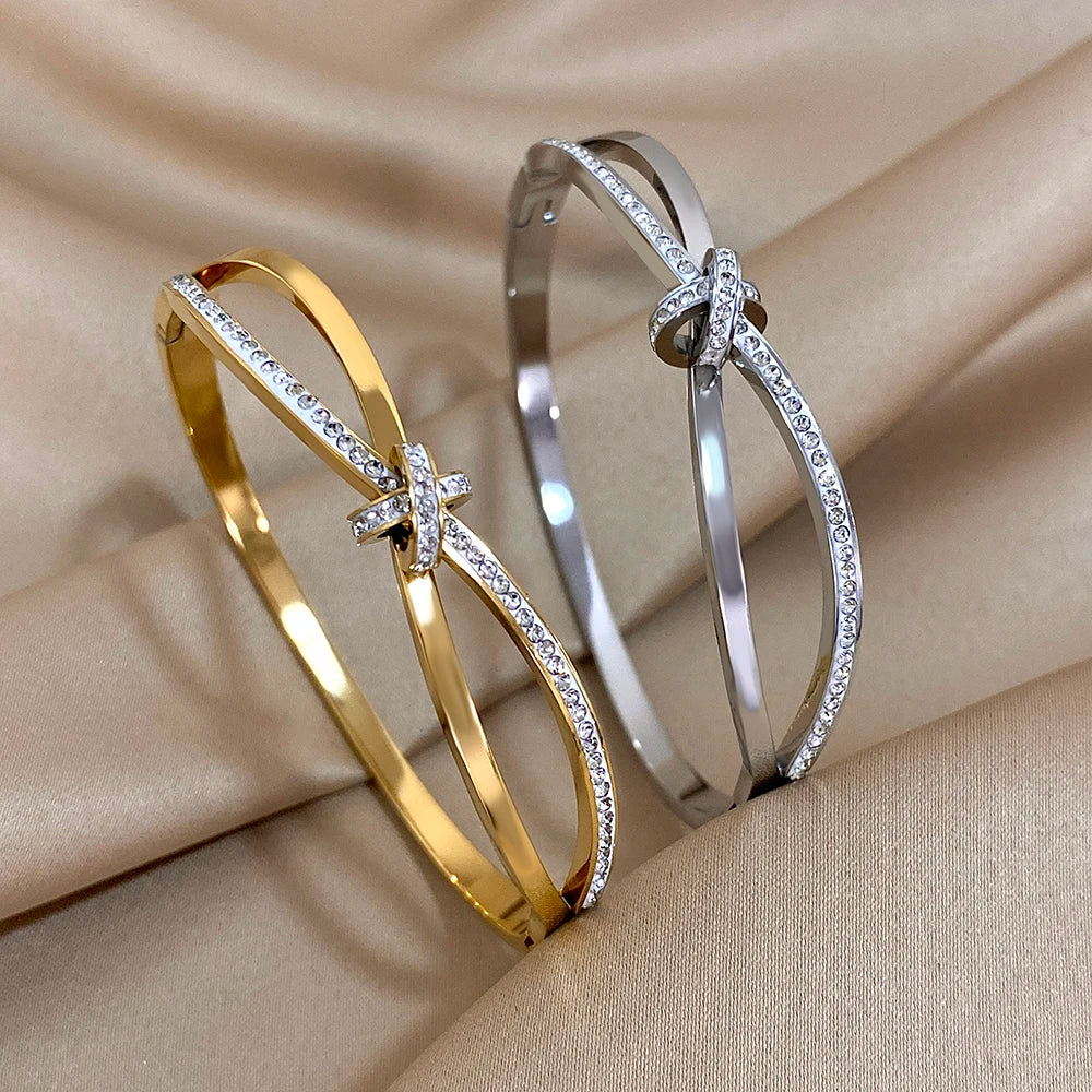 Trendy Stainless Steel With Rhinestone Inlaid Knot Bangles Bracelets for Women Statement Bangle Wrist Waterproof Jewelry Gift