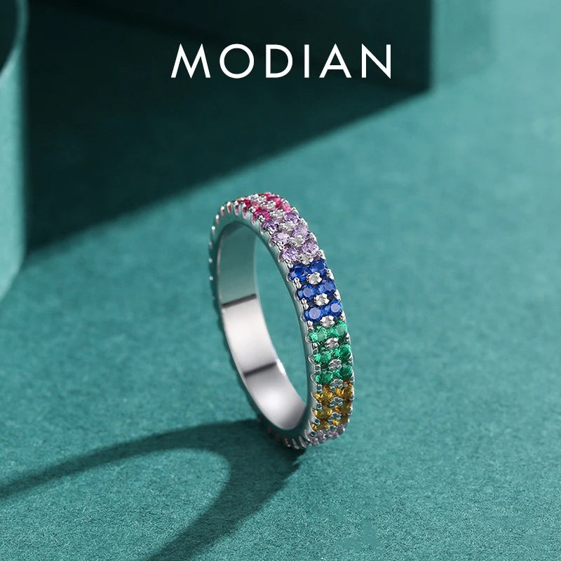 MODIAN Pure 925 Sterling Silver Bright Multi-color Cubic Zirconia Fashion Eternity Rings For Women Rainbow Color Fine Jewelry