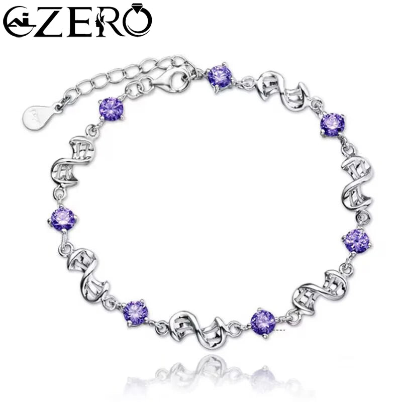 NEW Fine 925 Sterling Silver Purple Crystal Lucky Clover Bracelets for Women Fashion Party Wedding Accessories Jewelry 17CM+4CM