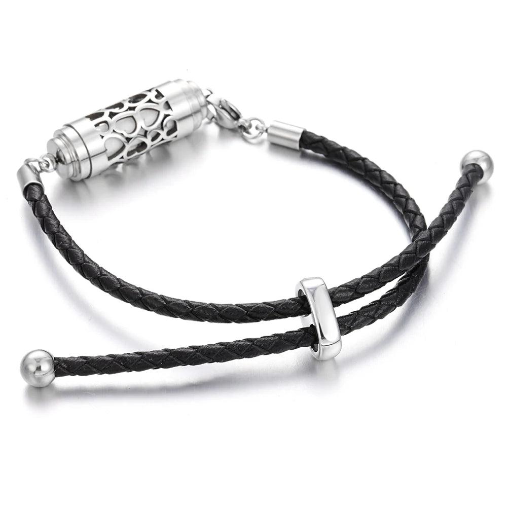 Black Leather Aromatherapy Bracelet Stainless Steel Locket Essential Oil Diffuser Bracelet Leather Charm Bracelets Aroma Jewelry