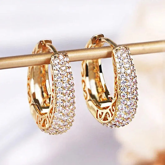 Full Sparkling Zircon Inlaid Golden Hoop Earrings Retro Elegant Style 18K Gold Plated Jewelry Female Gift