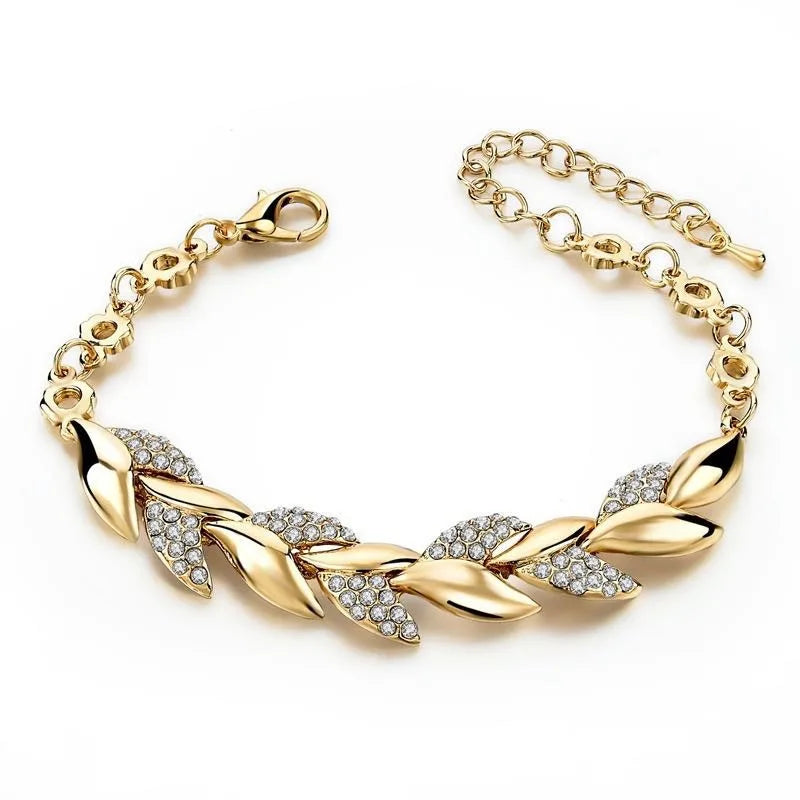 New Fashion High Quality Gold Color Leaf Bracelets for Women Temperament Full of Zircon Crystal Bangle Jewelry Accessories Gift